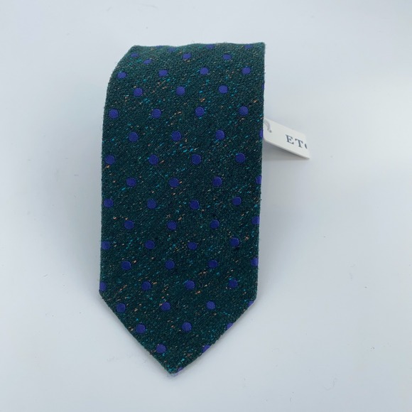 Eton Tie Mens One Size Green‎ Blue Polka Dot Professional Necktie Italy Made